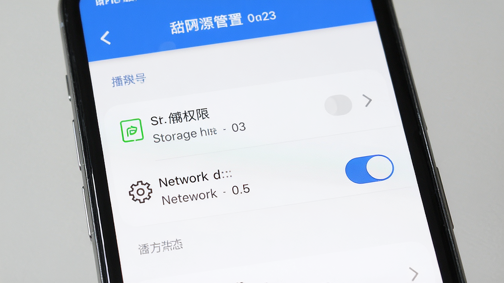 只甜应用安装设置界面,主体为手机屏幕显示权限管理列表,布局清晰,排版规范,风格简约,细节包含存储权限与网络权限开关,画质高清,干净,无多余元素