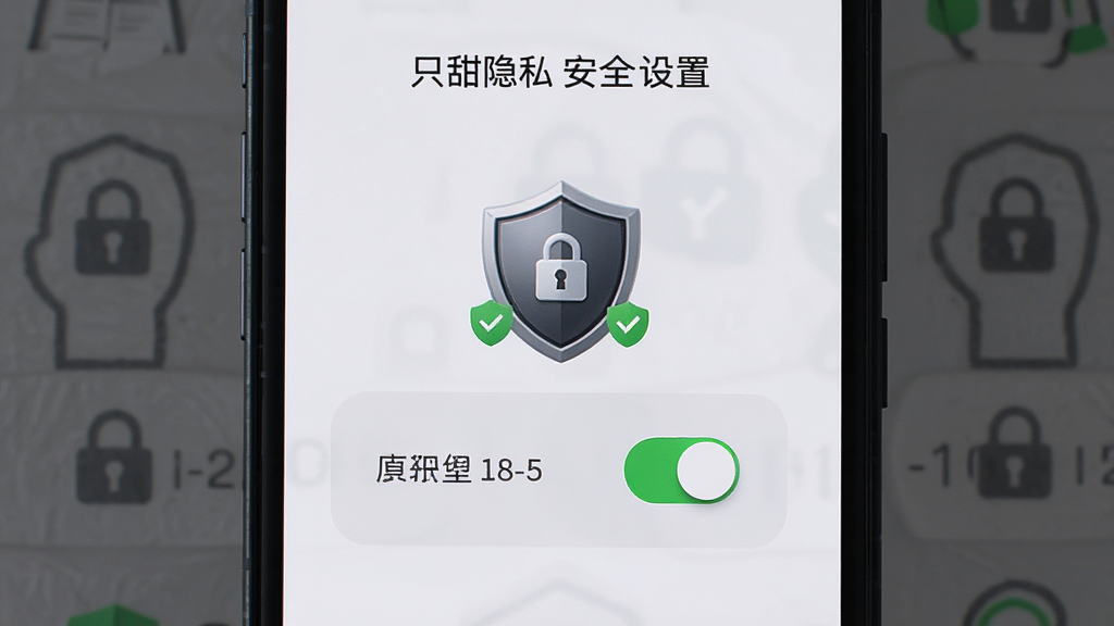只甜隐私安全设置界面,主体为手机屏幕显示盾牌图标与开关选项,布局居中,排版简洁,风格稳重专业,细节包含锁形图案和绿色安全标识,画质高清,干净,无多余元素