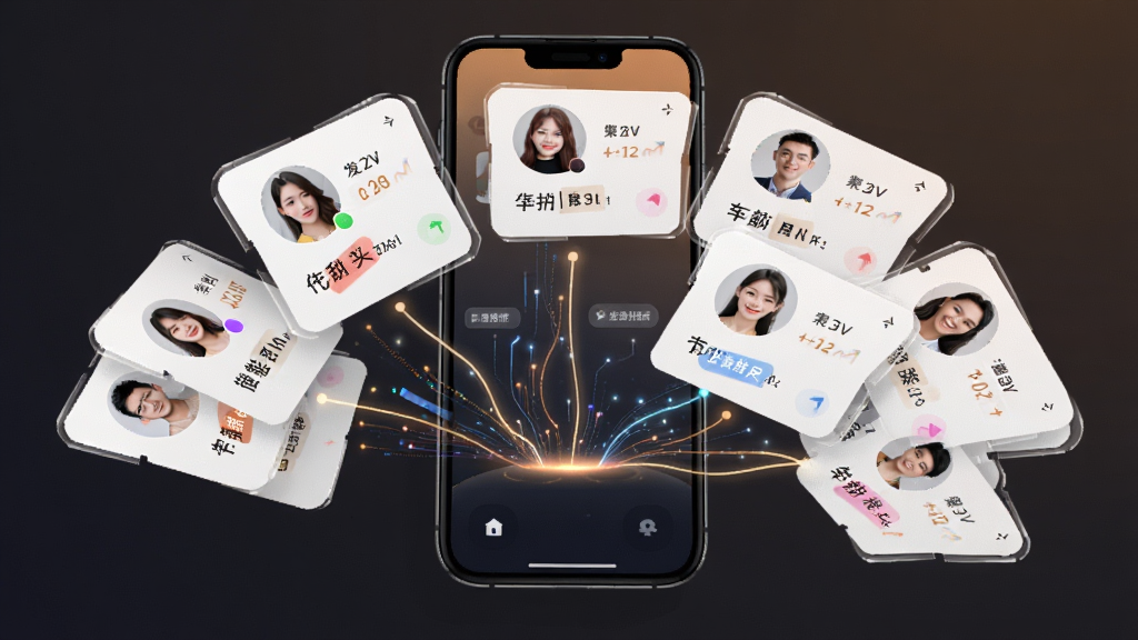 只甜智能匹配功能示意图,主体为手机屏幕悬浮着多个用户卡片,布局呈扇形展开,排版错落有致,风格科技感与温馨感结合,细节包含数据线条连接卡片、标签高亮显示,画质高清,干净,无多余元素