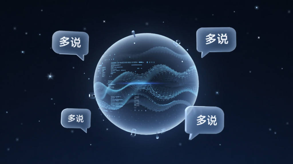 一个发光的AI对话球体悬浮在画面中央,球体表面有流动的数据波纹,周围环绕着“多说”字样的对话气泡,背景是深邃的星空蓝,风格为科幻简约,画质高清,干净无杂物
