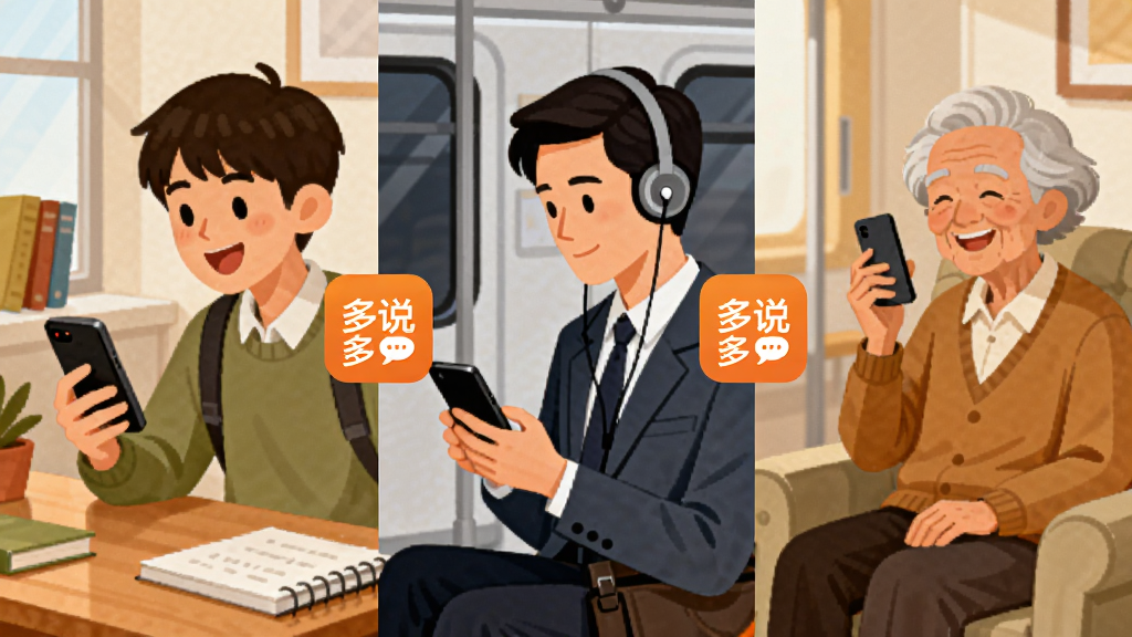 画面分割成三个场景,左边是学生在书桌前对着手机说英语,中间是上班族在地铁上戴着耳机使用手机,右边是老人坐在沙发上对着手机微笑,三个场景中间由“多说”应用图标连接,风格为生活化插画,画质清晰,色彩温暖