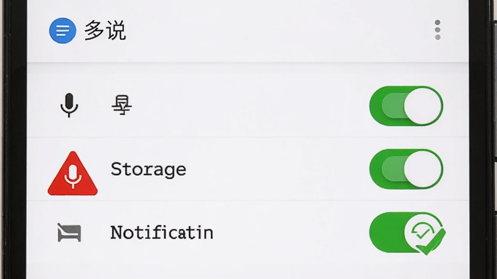 一部安卓手机显示“多说”应用的权限设置界面,界面中有麦克风、存储、通知等权限开关,旁边有一个红色的警告图标和绿色的勾选图标,背景是干净的白色,风格为教程说明图,画质清晰,无多余元素