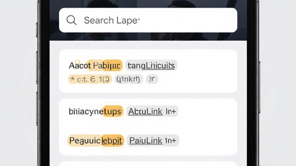 FancyLink应用内搜索功能展示图,手机屏幕上方是搜索框,下方列出匹配的链接结果,每条结果带有高亮关键词和标签,界面采用卡片式布局,背景为浅灰色,风格简洁商务,画质高清,干净利落
