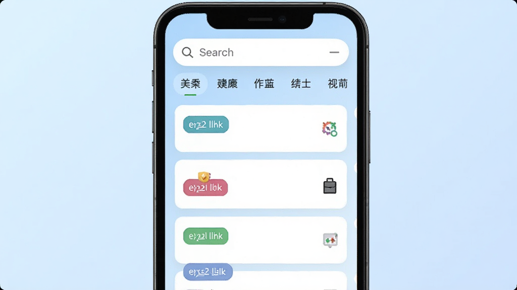 一张展示FancyLink应用主界面的手机屏幕截图,画面中央是整洁的链接卡片列表,每张卡片带有彩色标签和图标,背景是柔和的浅蓝色渐变,顶部有搜索栏和分类标签,整体风格清新简约,画质清晰,干净无多余元素