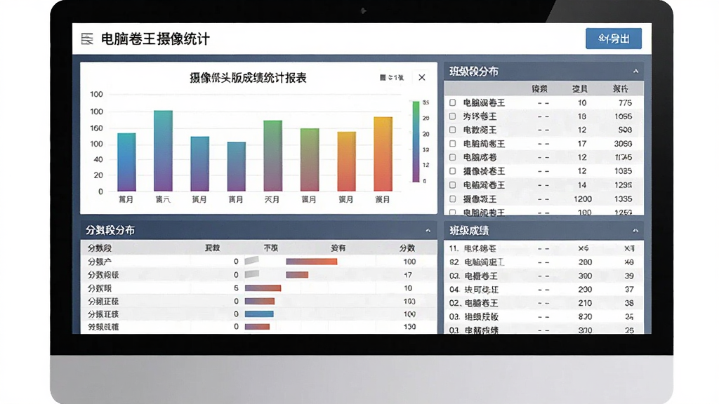 一张展示电脑阅卷王 摄像头版成绩统计报表的图片,画面主体是电脑屏幕上的成绩统计界面,界面中包含柱状图、分数段分布表和班级成绩列表,布局为上下结构构图,风格为数据可视化风格,细节包括柱状图的颜色渐变、表格中的数字对齐、界面顶部的导出按钮,画质清晰干净无多余元素