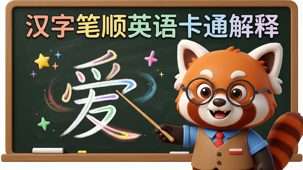 һ��AI����ͼƬ��������һ����ͨС��è��ʦվ�ںڰ�ǰ���ڰ���д�š����ֱ�˳Ӣ�￨ͨ���͡��������ƣ�С��è���ý̱�ָ��һ��������д�ĺ��֡����������ֱʻ��Բ�ɫ�����켣���֣�����Ϊ���Ĺ�ͼ���Ű�Ϊ�Ϸ����������Ʊ��⣬�·��Ǳ�˳��ʾ���򣬷��Ϊ�ɰ���ͨ�����磬ϸ�ڰ�����ɫ�۱ʡ�������˸Ч����С��è�����۾�������Ϊ����3D��ͨ��Ⱦ������ɾ��޶���Ԫ�ء�
