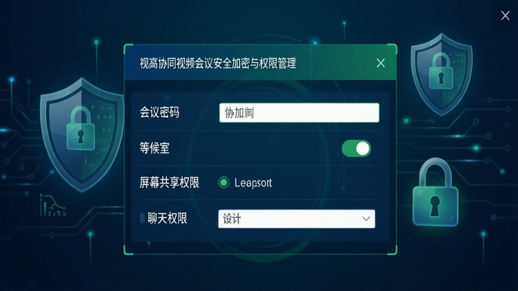 一张展示视高协同视频会议安全加密与权限管理界面的预览图,画面中显示一个安全设置面板,包含会议密码输入框、等候室开关、屏幕共享权限选项、聊天权限设置等,背景有盾牌和锁形图标,整体风格为安全科技风,色调以深蓝和绿色为主,画质高清,画面干净,无多余元素
