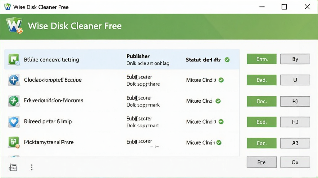 一张展示 Wise Disk Cleaner Free 启动项管理界面的图片,画面中列出多个开机启动程序的名称、发布者和启动影响等级,右侧有启用和禁用按钮,界面风格简洁明了,配色清爽,排版规范,细节清晰,画质干净,无多余元素