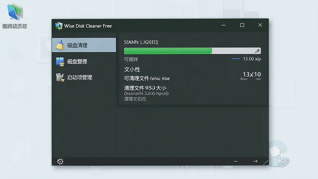 一张展示 Wise Disk Cleaner Free 软件主界面的图片,画面中央是软件窗口,左侧显示“磁盘清理”“磁盘整理”“启动项管理”等菜单,右侧显示扫描进度条和可清理文件大小,背景是干净的浅色桌面,整体风格为简洁商务的软件截图风格,排版清晰,细节丰富,画质干净,无多余元素