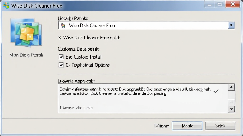 一张展示 Wise Disk Cleaner Free 安装向导界面的图片,画面中有安装路径选择、自定义安装选项和许可协议勾选框,界面风格为经典 Windows 安装程序样式,配色简洁,排版清晰,细节丰富,画质干净,无多余元素