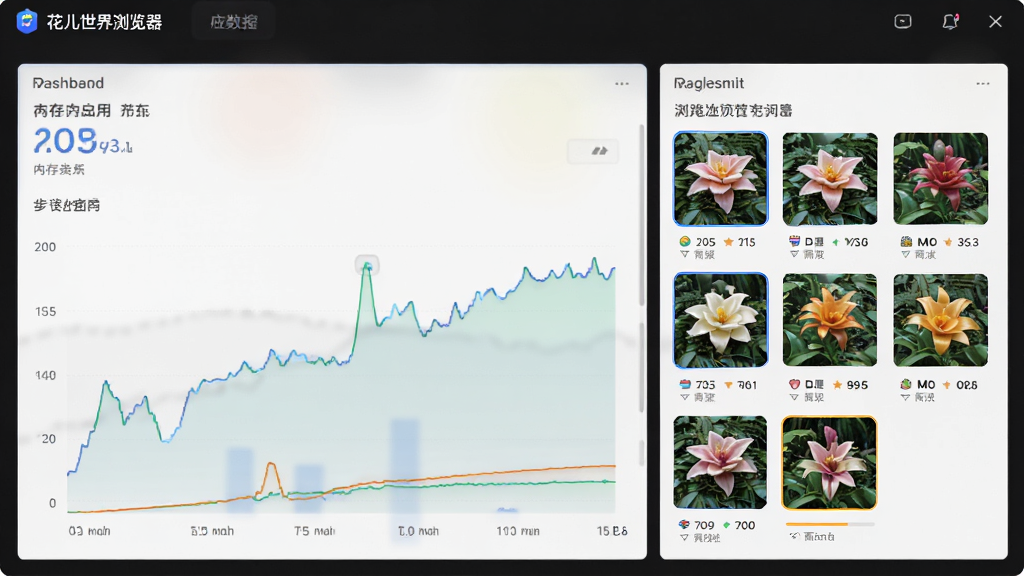 主体是花儿世界浏览器的性能监控面板,布局为左右分栏,排版清晰,风格为数据可视化,细节包括内存占用曲线与标签页缩略图,画质为高清,干净无多余元素。