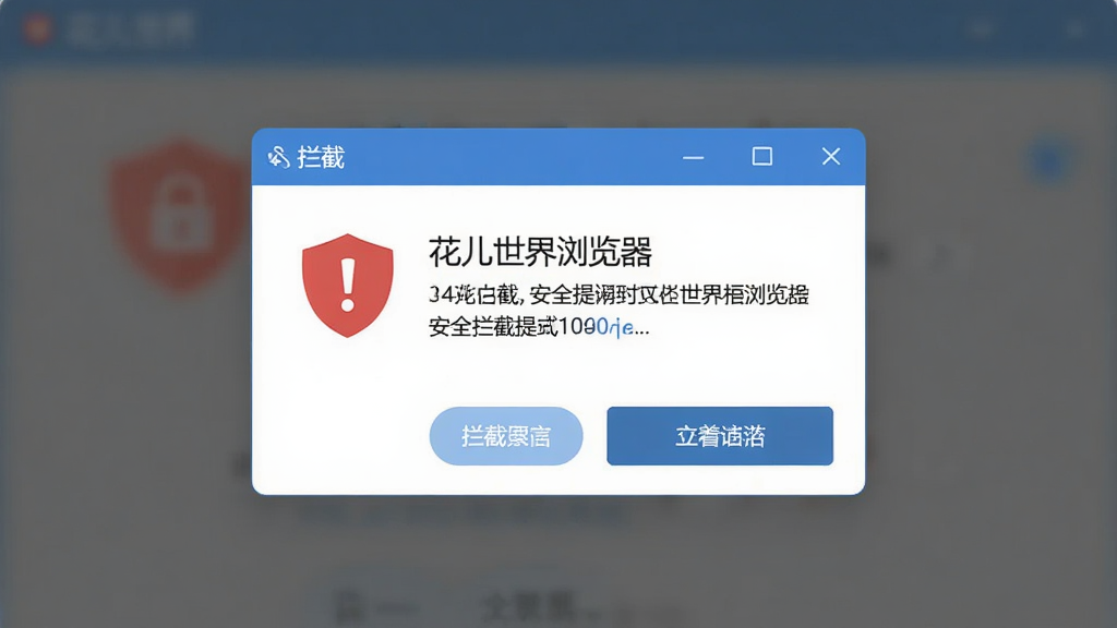 主体是花儿世界浏览器的安全拦截提示弹窗,布局为居中悬浮,排版突出警告图标,风格为扁平化设计,细节包括红色盾牌标志与拦截说明文字,画质为高清,干净无多余元素。