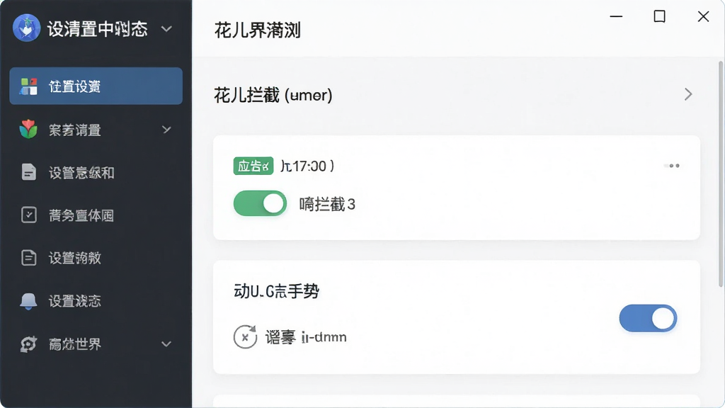 主体是花儿世界浏览器的设置中心界面,布局为左侧菜单右侧详情,排版清晰,风格为简约商务,细节包括广告拦截开关与鼠标手势选项,画质为高清,干净无多余元素。