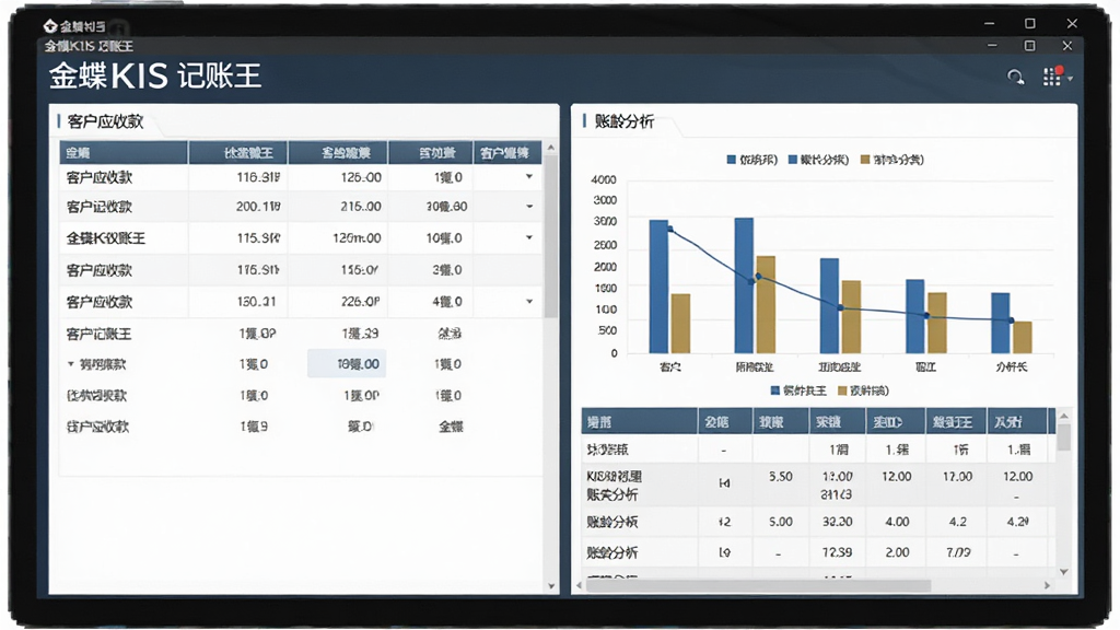 一张展示金蝶KIS记账王往来管理模块的界面图,画面中显示客户应收款列表和账龄分析图表,有柱状图和表格,风格现代商务,屏幕上有“金蝶KIS记账王”字样,画质清晰,无多余元素