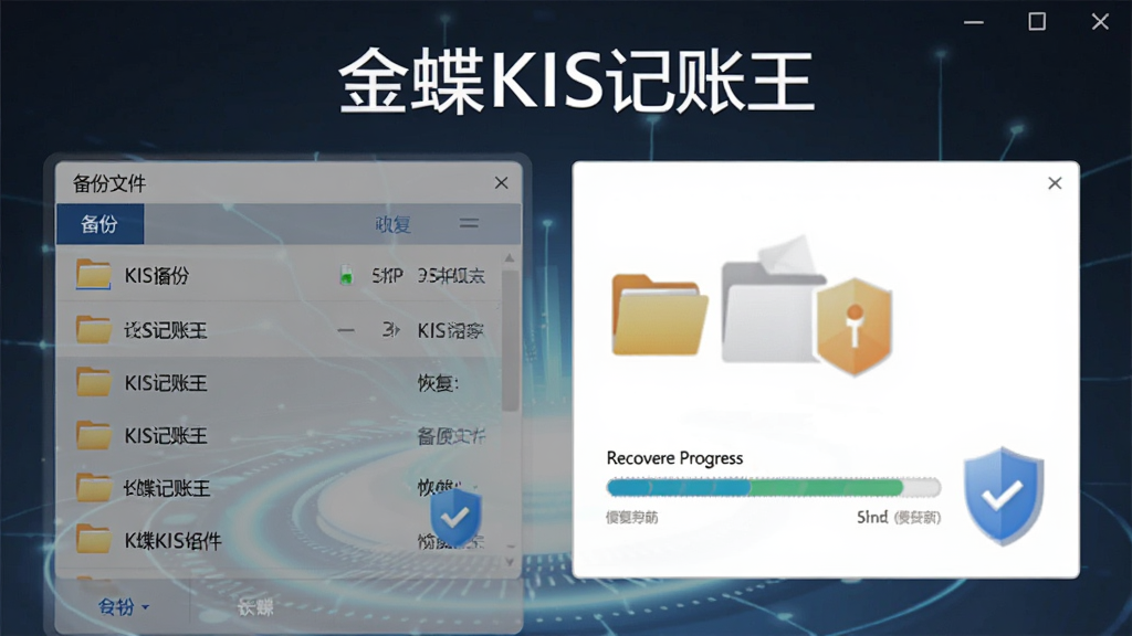 一张展示金蝶KIS记账王数据备份与恢复功能的界面图,画面中显示备份文件列表和恢复进度条,有文件夹图标和盾牌安全标识,风格简洁科技感,屏幕上有“金蝶KIS记账王”字样,画质清晰,无多余元素
