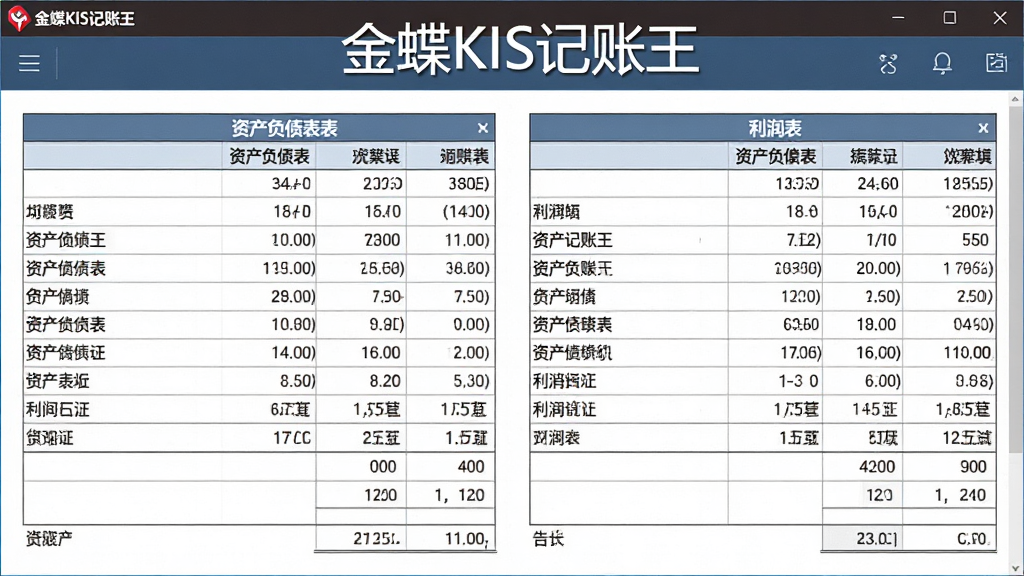 一张展示金蝶KIS记账王自动生成财务报表的界面截图,画面中显示资产负债表和利润表并列排布,表格线条清晰,数字整齐,风格专业简洁,屏幕上方有“金蝶KIS记账王”标题,画质清晰,无多余元素