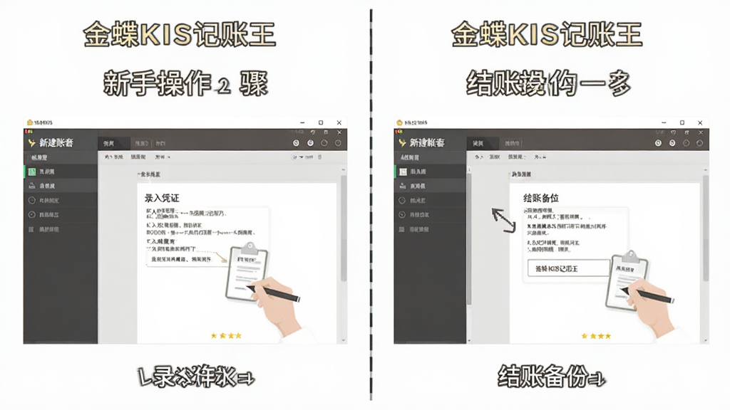 一张展示金蝶KIS记账王新手操作步骤的示意图,画面分为三格,分别显示新建账套、录入凭证、结账备份的操作界面,风格扁平化教学插画,每格上方有“金蝶KIS记账王”小标题,画质清晰,无多余元素