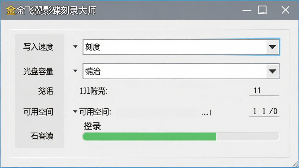 一张刻录参数设置界面图,画面中展示金飞翼影碟刻录大师的刻录设置面板,面板上显示“写入速度”“光盘容量”“可用空间”等参数项,布局为纵向表单排版,风格为浅灰商务风,细节包括下拉菜单和容量进度条,画质清晰,干净,无多余元素