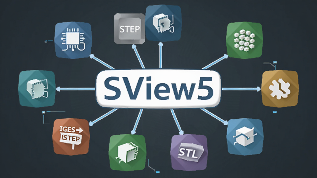 三维模型格式兼容概念图,主体为多个不同格式图标围绕SView5软件标志,布局呈放射状排列,排版中心突出软件名称,风格为扁平化科技风,细节包含STEP、IGES、STL等文字标签和连接线条,画质清晰、干净、无多余元素