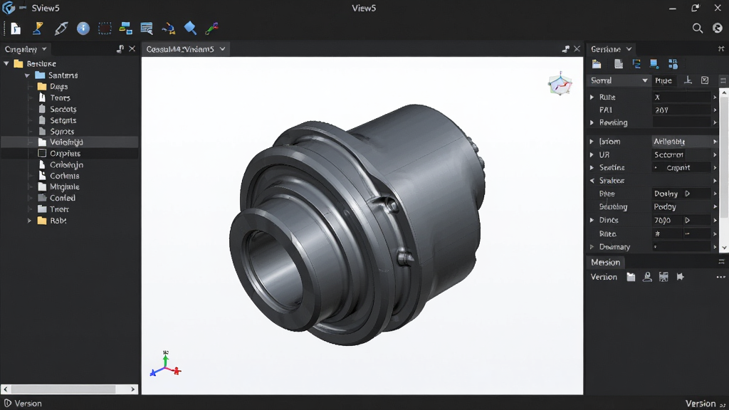 SView5软件主界面展示,主体为居中显示的三维机械零件模型,布局为左侧文件目录树、中间大尺寸模型视窗、右侧属性与测量面板,排版整齐清晰,风格为现代科技感深色主题,细节包含模型渲染光影、工具栏图标、版本标识,画质高清、干净、无多余元素