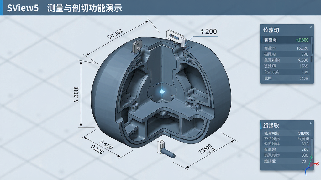 SView5测量与剖切功能演示,主体为三维模型被剖切面分开并显示内部结构,布局为模型占据画面中央、测量数值浮动显示,排版简洁,风格为技术蓝灰色调,细节包含尺寸标注线、剖切手柄、数据面板,画质高清、干净、无多余元素