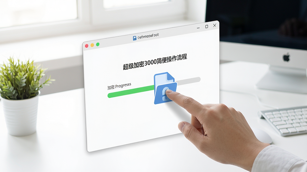 一张展示超级加密3000简便操作流程的示意图,画面中一只手正在拖拽文件图标进入软件窗口,窗口内显示加密进度条,背景为明亮的办公桌面,风格清新简洁,画质清晰,干净无多余元素