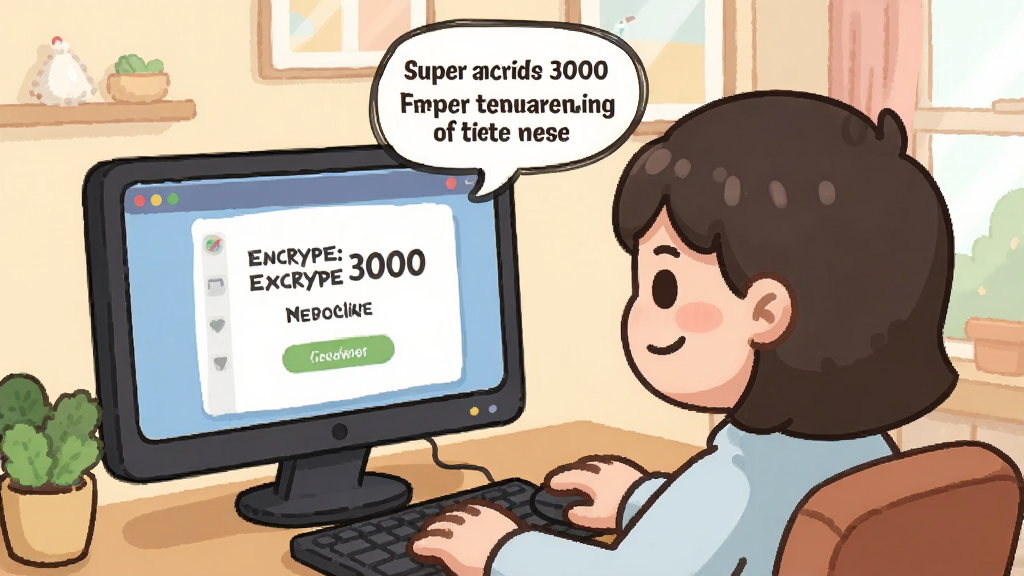 一张展示超级加密3000新手使用场景的插画,画面中一位用户坐在电脑前,屏幕上显示加密操作界面,旁边有提示气泡标注注意事项,背景为温馨的居家办公环境,风格亲切自然,画质清晰,干净无多余元素