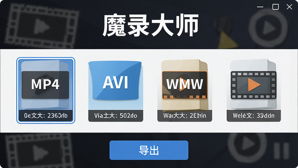 魔录大师软件的视频导出界面,主体为多个视频格式图标排列展示,布局为上方软件Logo