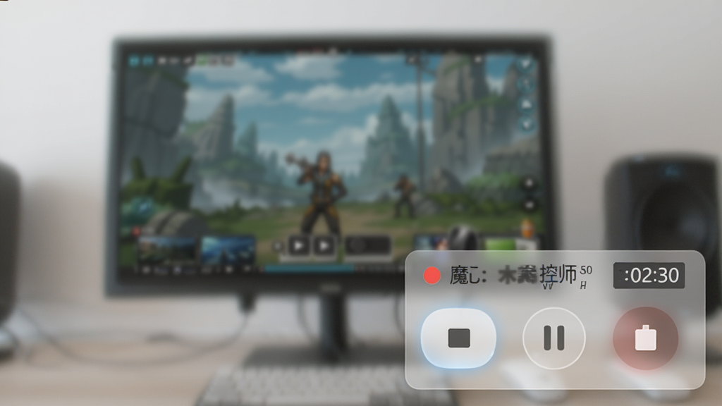 魔录大师软件悬浮控制栏在电脑屏幕右下角显示,主体为半透明控制面板包含录制、暂停、停止按钮,布局为紧凑横向排列,风格为轻量极简风,细节包括按钮的微光效果与录制时长数字显示,画质清晰,干净,无多余元素