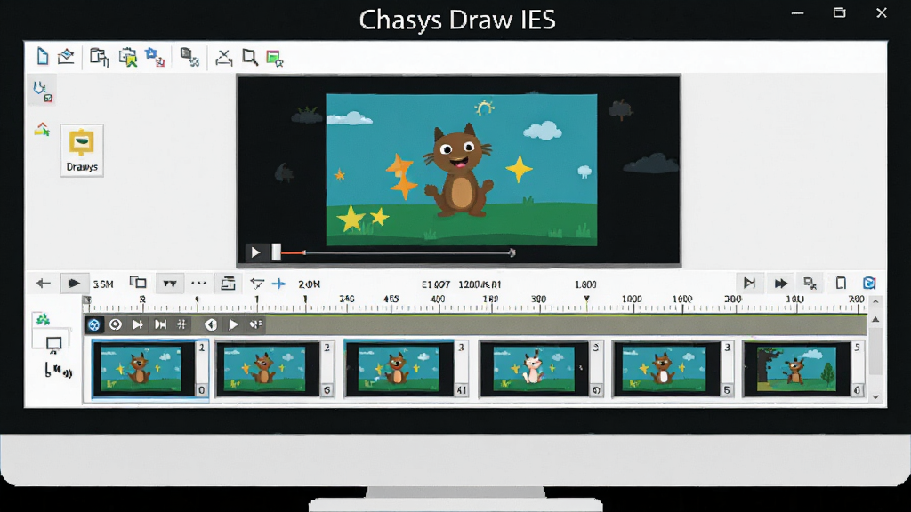 一幅展示 Chasys Draw IES 动画制作功能的数字插画,画面主体是一台台式电脑,屏幕上显示帧动画编辑时间轴,多个动画帧以缩略图形式排列在底部,顶部是预览窗口播放着动态效果,软件名称