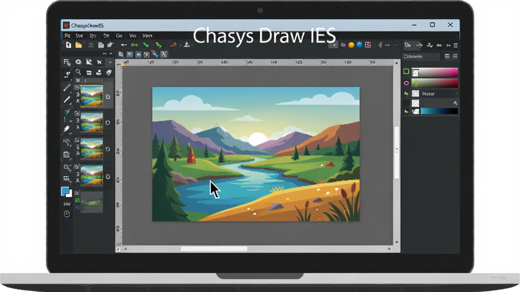 一幅展示 Chasys Draw IES 软件界面的数字插画,画面主体是一台打开的笔记本电脑,屏幕上显示着多图层图像编辑工作区,左侧是工具栏,右侧是图层面板,中间是一幅正在编辑的彩色风景画,软件名称