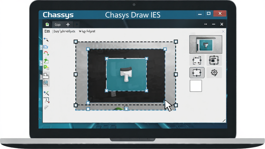 一幅展示 Chasys Draw IES 屏幕捕捉功能的数字插画,画面主体是一台笔记本电脑,屏幕上显示屏幕捕捉工具的选择界面,画面中有矩形选区框正在框选屏幕区域,软件名称