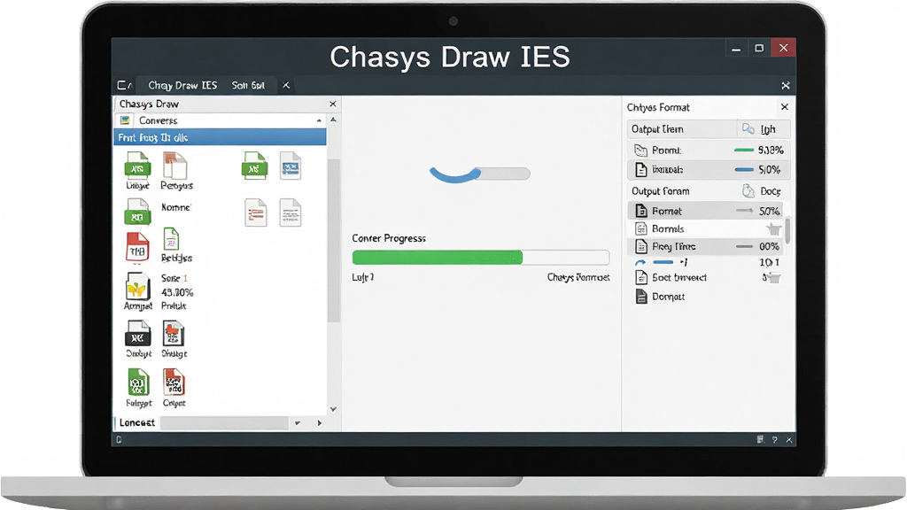 一幅展示 Chasys Draw IES 格式转换功能的数字插画,画面主体是一台笔记本电脑,屏幕上显示批量文件转换界面,左侧是待转换文件列表,右侧是输出格式选择面板,中间有转换进度条,软件名称