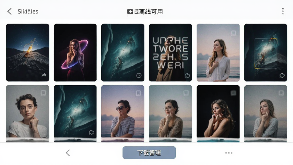 壁纸图片大师的我的收藏页面,手机屏幕展示一个网格布局的壁纸收藏夹,里面排列着多张已下载的高清壁纸缩略图,页面顶部有离线可用的标识,底部有下载管理按钮,界面干净整洁,风格清新,画质高清,无多余元素。