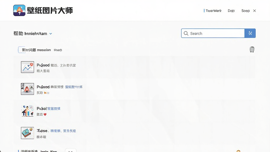 壁纸图片大师软件的问题反馈与帮助页面截图,画面展示一个简洁的帮助中心界面,包含常见问题列表和搜索框,页面风格清爽,顶部有壁纸图片大师的logo,背景为白色,画质高清,无多余元素。