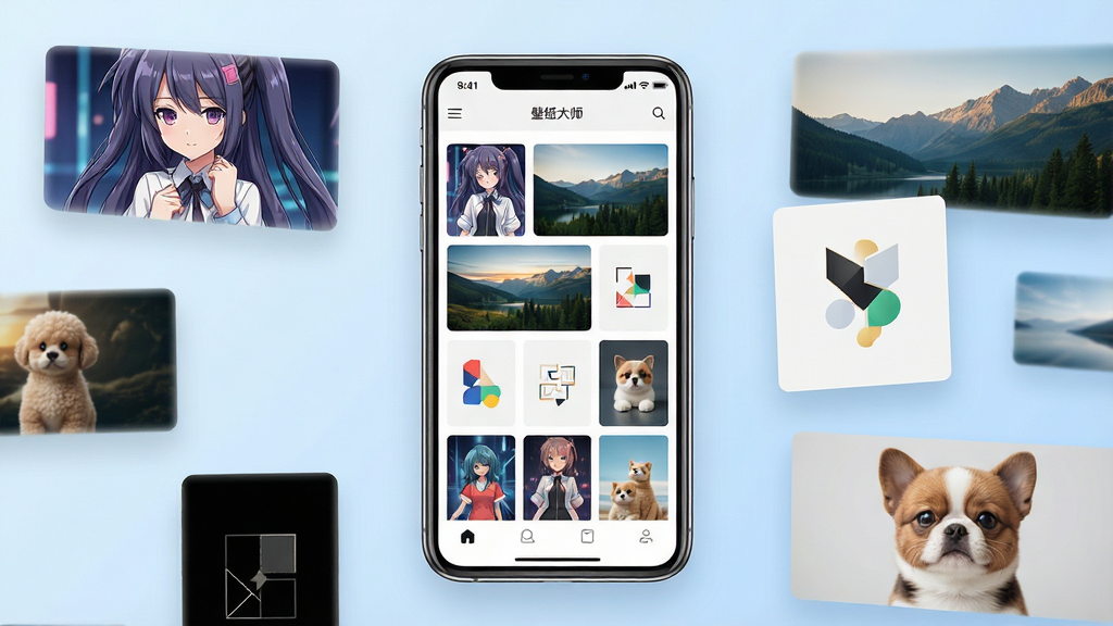 一张展示壁纸图片大师软件界面的概念图,画面中央是一部智能手机,屏幕显示壁纸图片大师应用的主页,页面中整齐排列着多张风格各异的高清壁纸缩略图,包含动漫人物、自然风景、简约几何、萌宠等类型。手机周围漂浮着几张放大的精美壁纸卡片,背景为柔和的浅蓝色渐变,整体布局清晰有序,风格现代简约,画质高清,干净无多余元素。