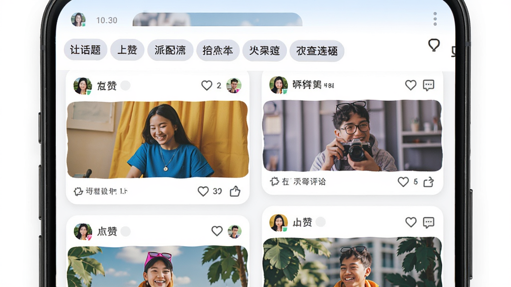 派配配动态社区页面,主体为手机屏幕中瀑布流图文卡片,布局双列排布,排版顶部为话题标签栏,风格为明亮活泼的社交应用风格,细节包含点赞评论图标与用户头像,画质高清,干净,无多余元素