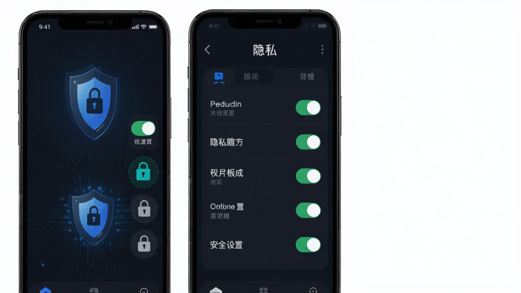 派配配隐私安全设置界面,主体为手机屏幕中权限开关列表与盾牌图标,布局纵向排列,排版清晰分区,风格为安全科技感深色UI,细节包含锁形图标与加密标识,画质高清,干净,无多余元素