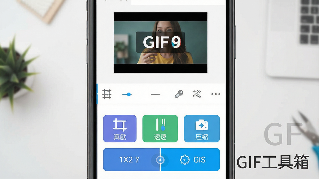 һ��չʾGIF������༭���Ż����ܵĳ���ͼ������Ϊ�ֻ���Ļ����ʾGIF�༭������������Ϊ�Ϸ���ͼԤ�����·����ܰ�ť���У��Ű����������Ϊ�ִ���ƽ����ϸ�ڰ����ü������١����֡�ѹ����ͼ�꣬���ʸ��壬�ɾ��޶���Ԫ�أ�ͼƬ�����ֱ�ע��GIF�����䡱��