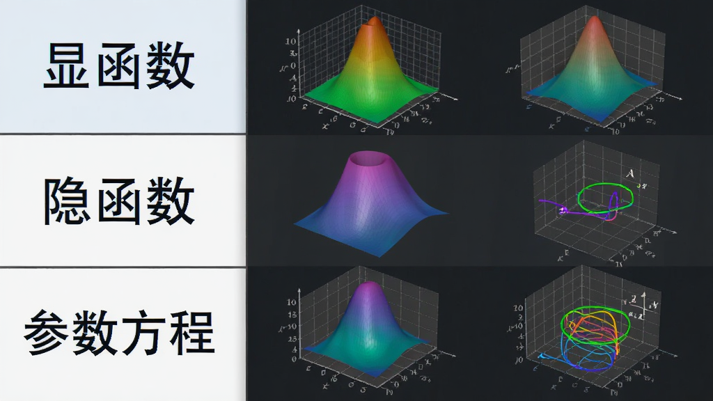 三维函数作图大师软件中多种函数类型并列展示的画面,左侧显示显函数、隐函数、参数方程的文字标签,右侧对应生成不同形态的三维曲面与曲线图形,布局为左右分栏对比,风格为教育科技风,细节包含数学符号与坐标网格,画质清晰干净无多余元素