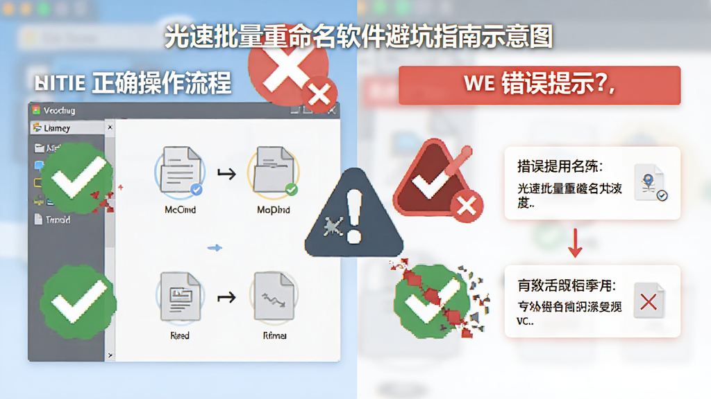 光速批量重命名软件避坑指南示意图,主体为软件界面与警示图标组合,布局左侧显示正确操作流程右侧显示错误提示,排版对比鲜明,风格为扁平化说明风,细节包含红色叉号、绿色对勾、文件图标,画质高清干净无多余元素