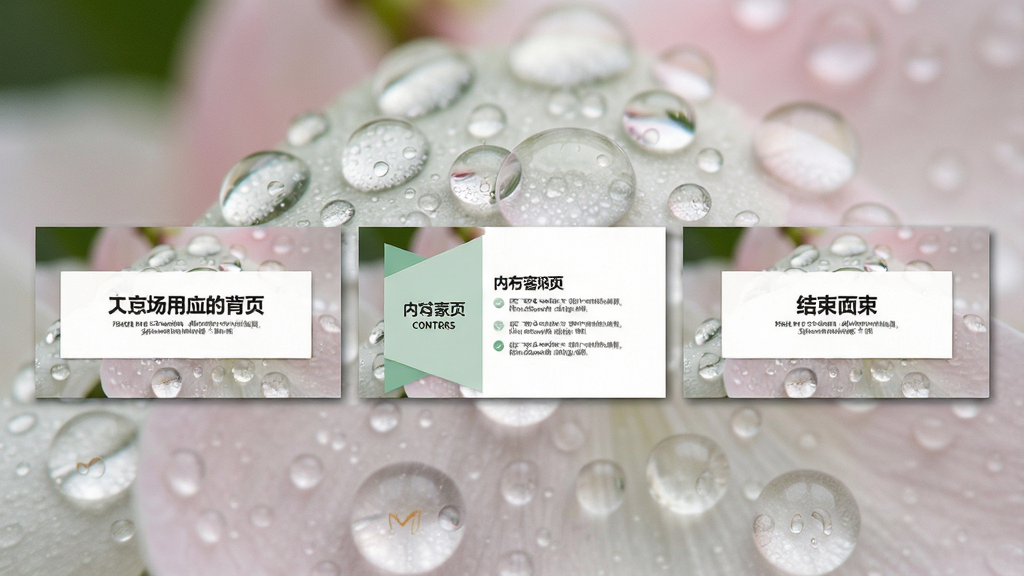 一张展示清晰花瓣露珠背景PPT模板多场景应用的示意图,主体为三张不同排版的幻灯片缩略图并排展示,布局为横向排列,排版分别展示标题页、内容页和结束页,风格为清新简约商务风,细节上每张幻灯片均以花瓣露珠为背景并配有简洁文字区域,画质为高清,干净无多余元素