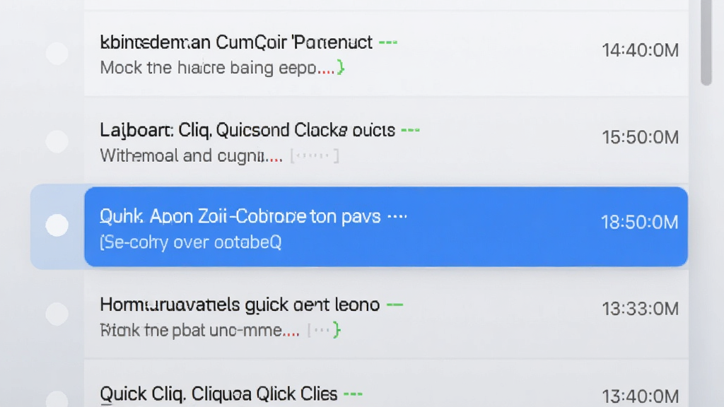 一张表现 Quick Cliq 剪贴板历史功能的示意图,画面主体是纵向排列的剪贴板历史列表,每条记录带有简短文字摘要和时间标记,背景为浅灰渐变,风格清爽,布局整齐,细节包括高亮选中的条目,画质清晰干净,无多余元素