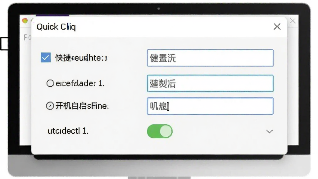一张展示 Quick Cliq 设置界面的示意图,画面中是一个简洁的选项窗口,包含快捷键设置、历史条数限制、开机自启开关等选项,背景为白色,风格办公实用,布局清晰,细节包括勾选框和输入框,画质清晰干净,无多余元素
