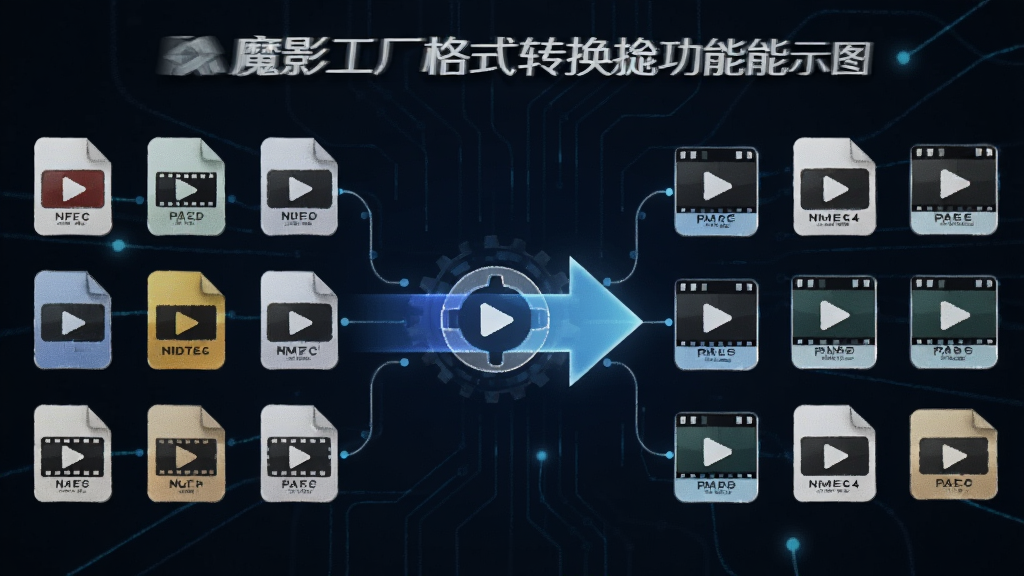 一张展示魔影工厂格式转换功能的示意图,画面中多个不同格式的视频文件图标排列在左侧,经过中央的转换箭头后变为统一格式图标排列在右侧,整体布局清晰,风格简洁科技感,画质干净,无多余元素