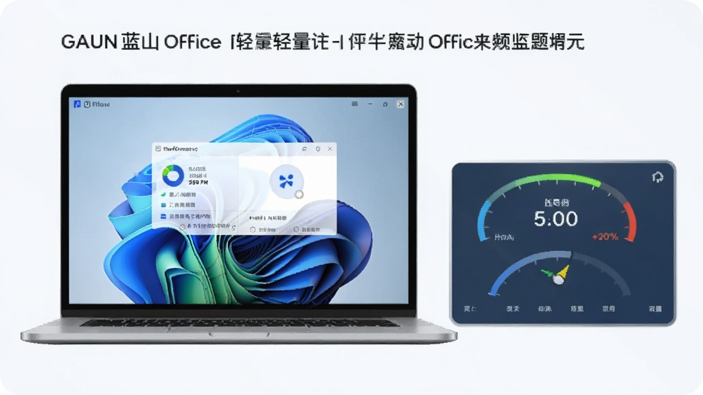 一张展示蓝山Office轻量运行特点的图片,画面中一台笔记本电脑屏幕显示蓝山Office界面,旁边有性能仪表盘显示低占用,风格为简洁商务风,色彩清爽,画质清晰,无多余元素