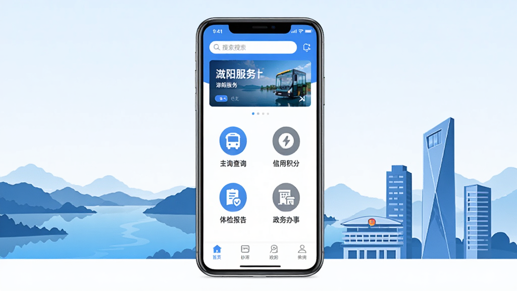 我的溧阳手机应用主界面展示,画面中央是一部竖屏智能手机,屏幕上显示蓝色调的城市服务APP首页,顶部有搜索框和轮播图,中间排列公交查询、信用积分、体检报告、政务办事等圆形图标,底部为导航栏。背景为溧阳城市剪影,包括天目湖山水轮廓和现代建筑。整体风格清新简洁,扁平化设计,蓝白配色为主,画质清晰,干净无多余元素,排版整齐,适合软件下载站预览图使用。