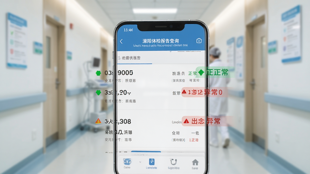我的溧阳体检报告查询界面展示,手机屏幕显示体检报告列表和各项指标数据,有绿色正常标识和红色异常提醒,背景为医院走廊虚化场景,风格专业简洁,蓝白配色,画质清晰,干净无多余元素,适合作为健康功能配图。