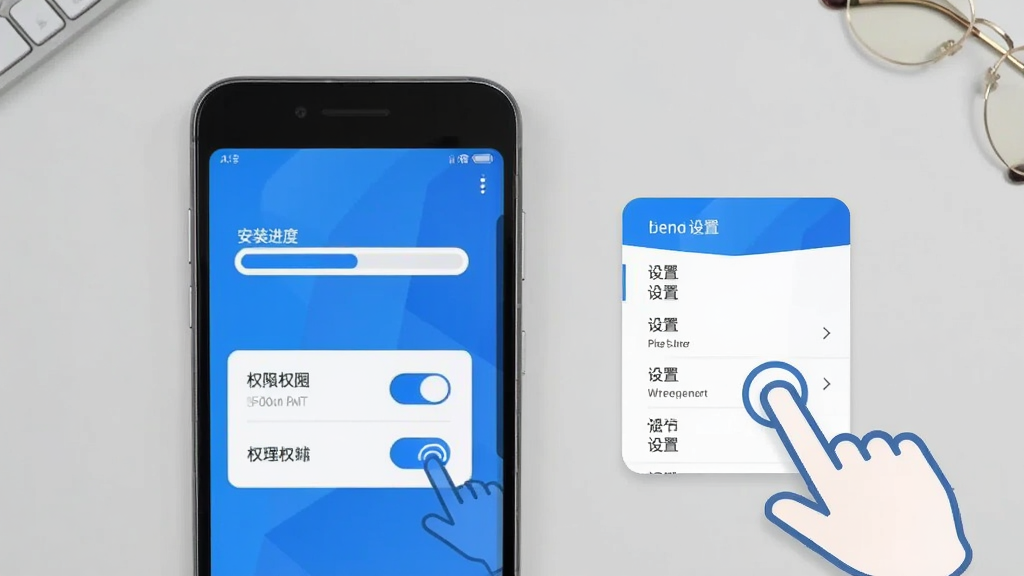 我的溧阳安卓手机安装与权限设置操作示意图,画面展示一部手机屏幕,屏幕上依次排列安装进度条、权限开关按钮和设置菜单,旁边有手指点击的示意图标。背景为浅灰色桌面,风格简洁教程风,蓝白配色,画质清晰,干净无多余元素,适合作为使用指南配图。