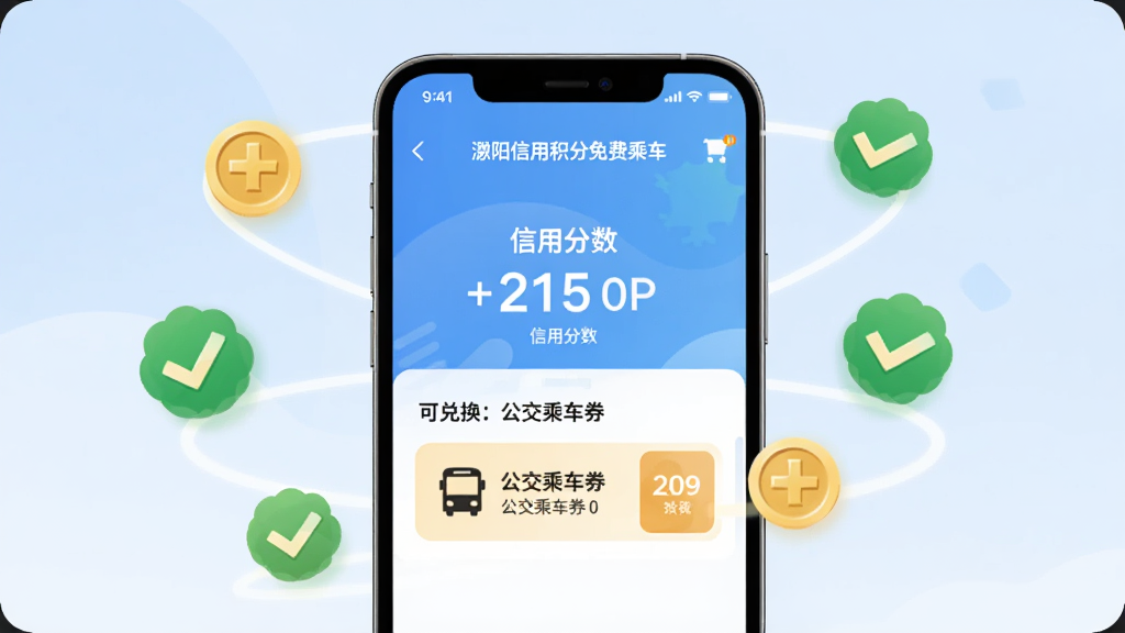 我的溧阳信用积分免费乘车功能界面展示,手机屏幕显示信用分数值和可兑换的公交乘车券,周围环绕金币和绿色对勾图标,背景为淡蓝色渐变,风格简洁现代,扁平化设计,画质清晰,干净无多余元素,突出信用积分与出行福利的关联。